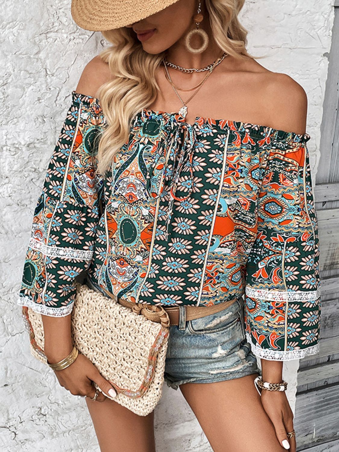 Printed Frill Trim Off-Shoulder Blouse