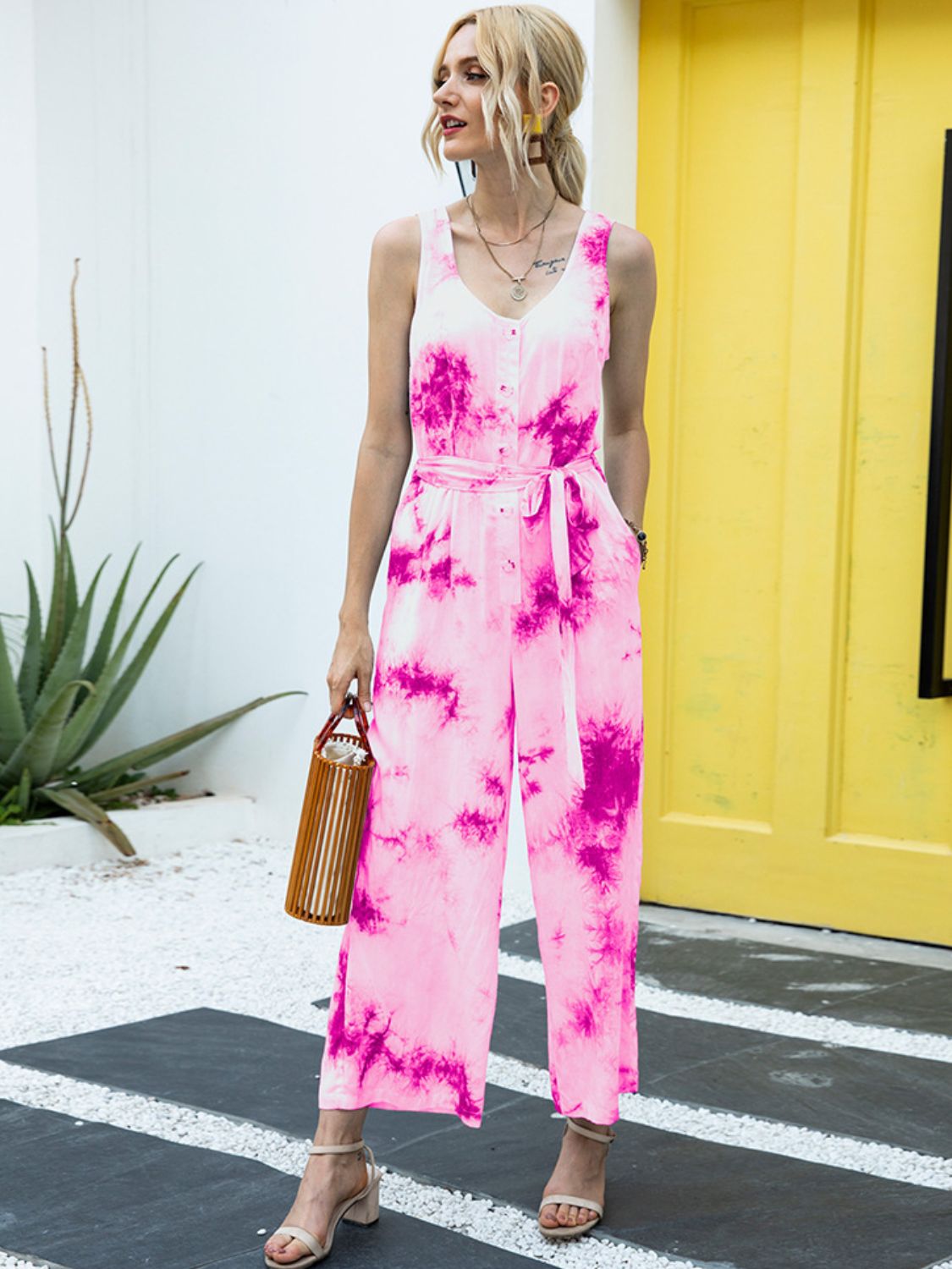 Tie-Dye Tie Waist Sleeveless Jumpsuit