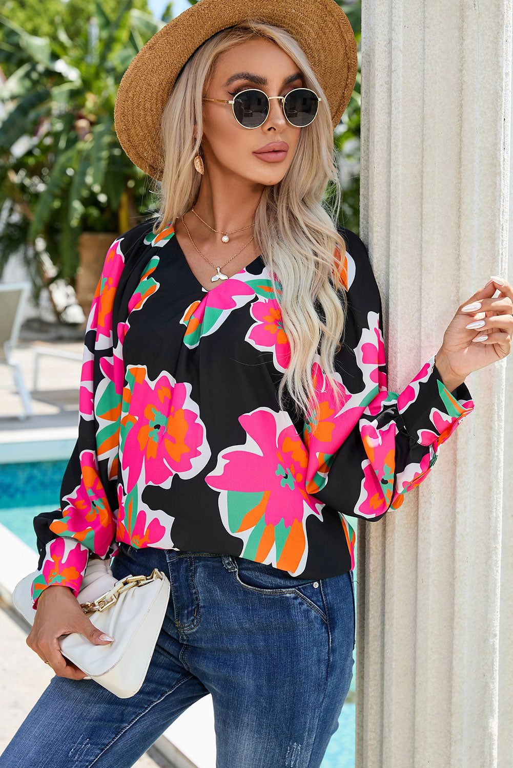 Floral V-Neck Long Sleeve Blouse