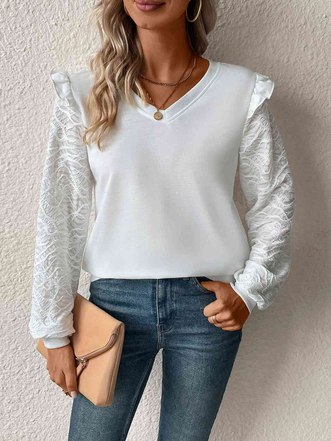 Textured V-Neck Long Sleeve Top