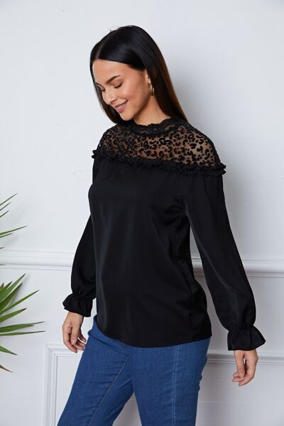 Leopard Frill Flounce Sleeve Blouse