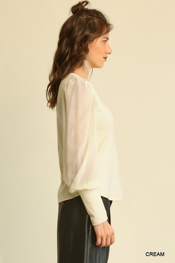 Solid Knit And Chiffon Mixed Top With Puff Long Sleeve