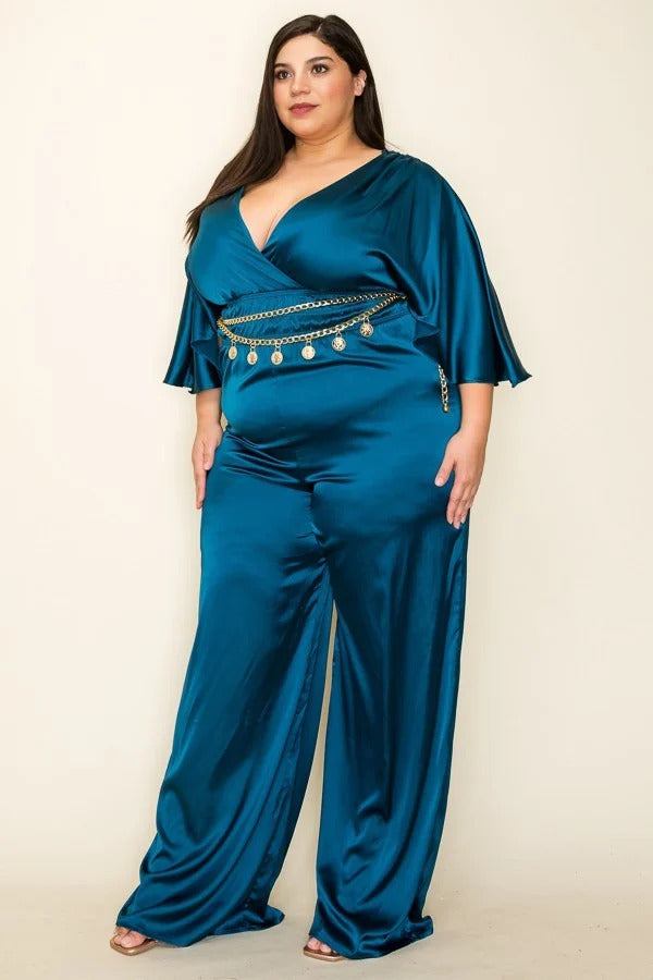 Satin Wrap Front Short Sleeve Smocked Waist Jumpsuit