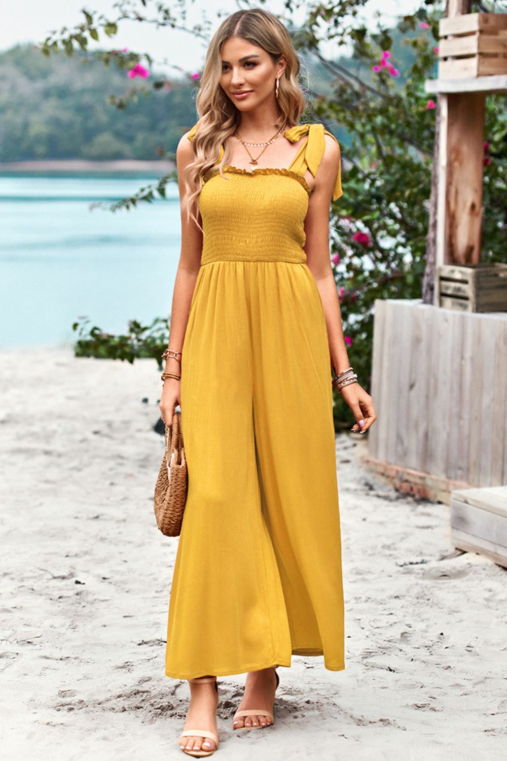 Frill Trim Tie Shoulder Wide Leg Jumpsuit with Pockets