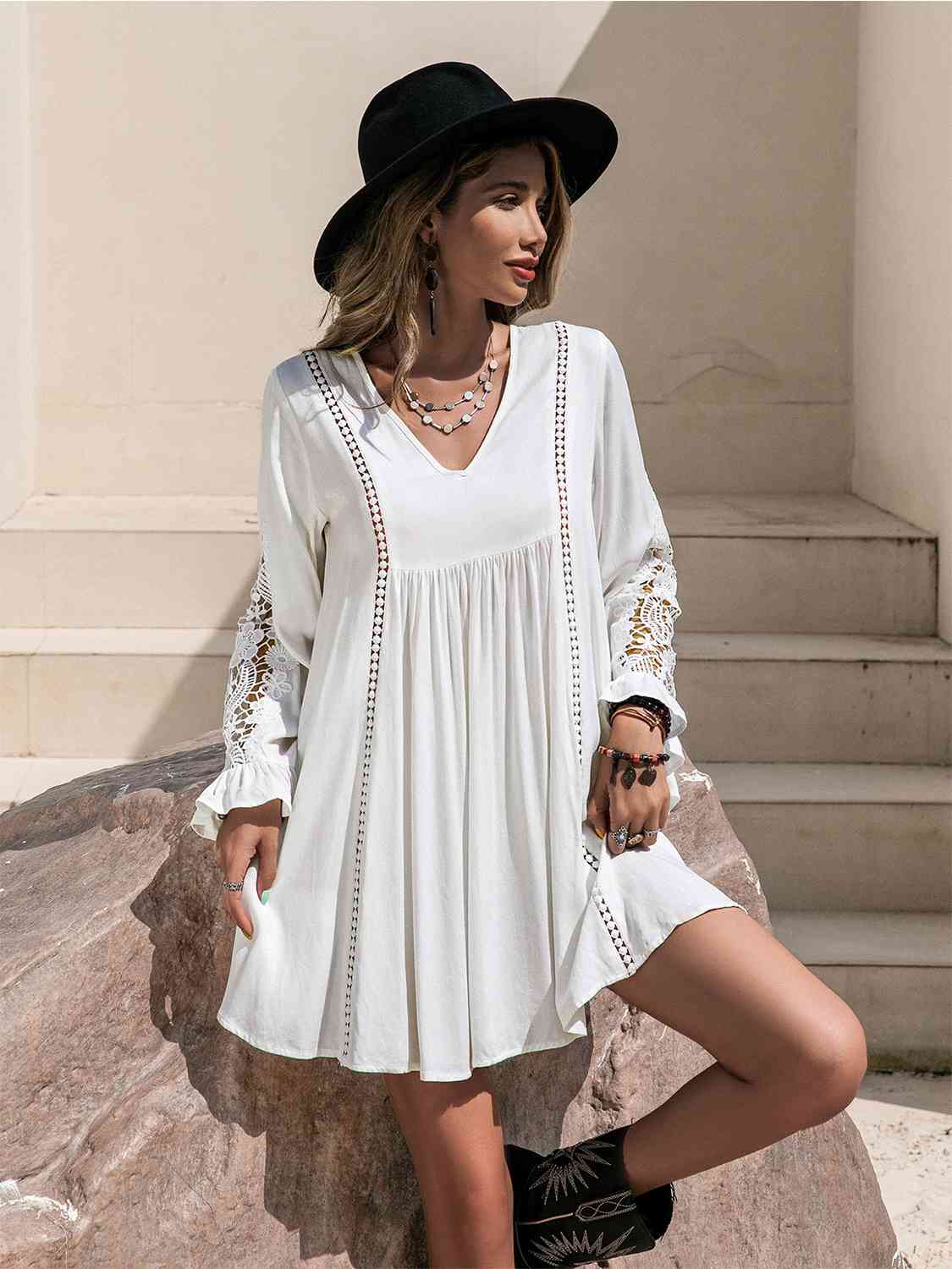 Lace Detail V-Neck Mini Dress