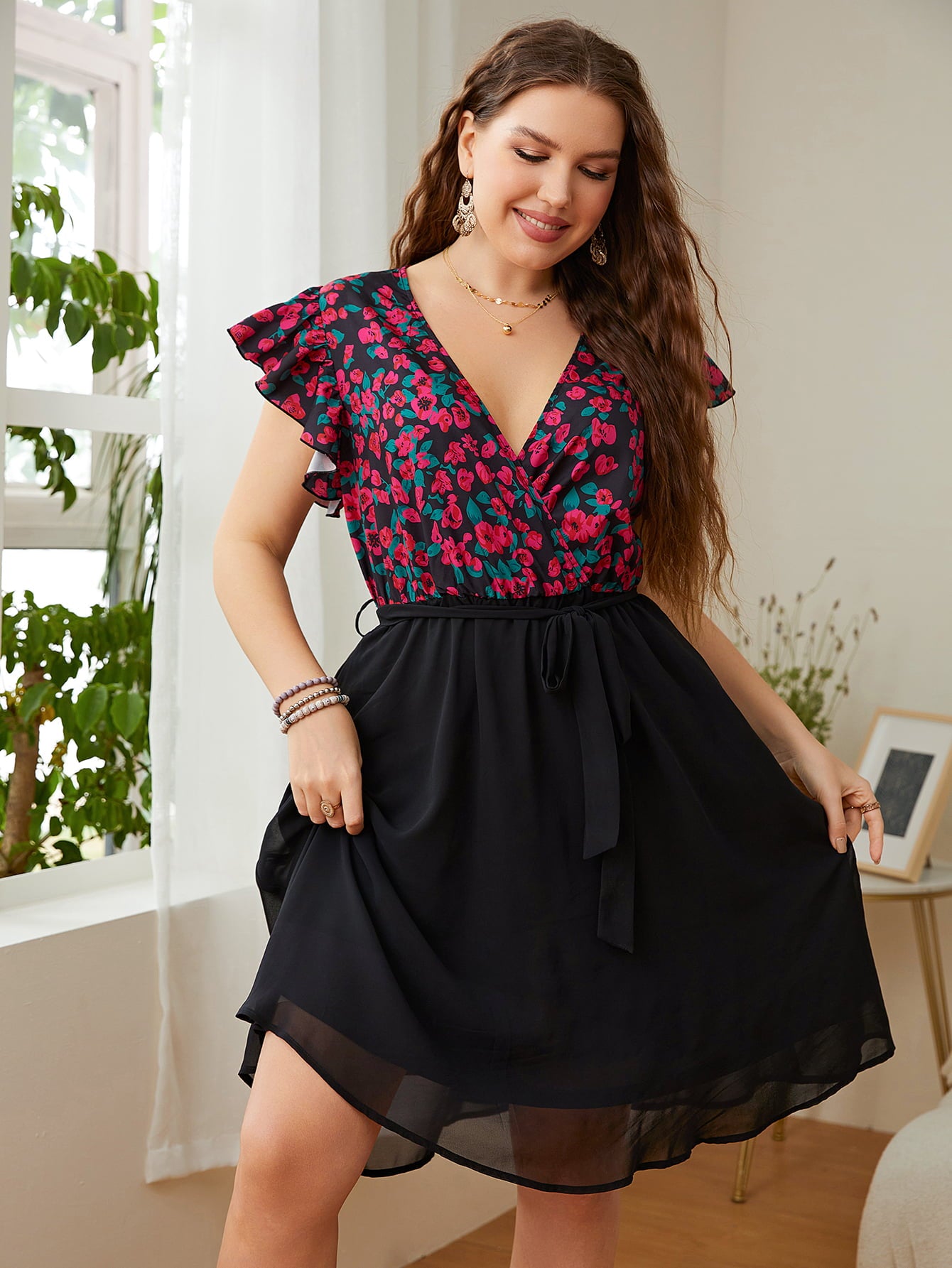 Plus Size Floral Surplice Neck Flutter Sleeve Dress - Loulou Boutique
