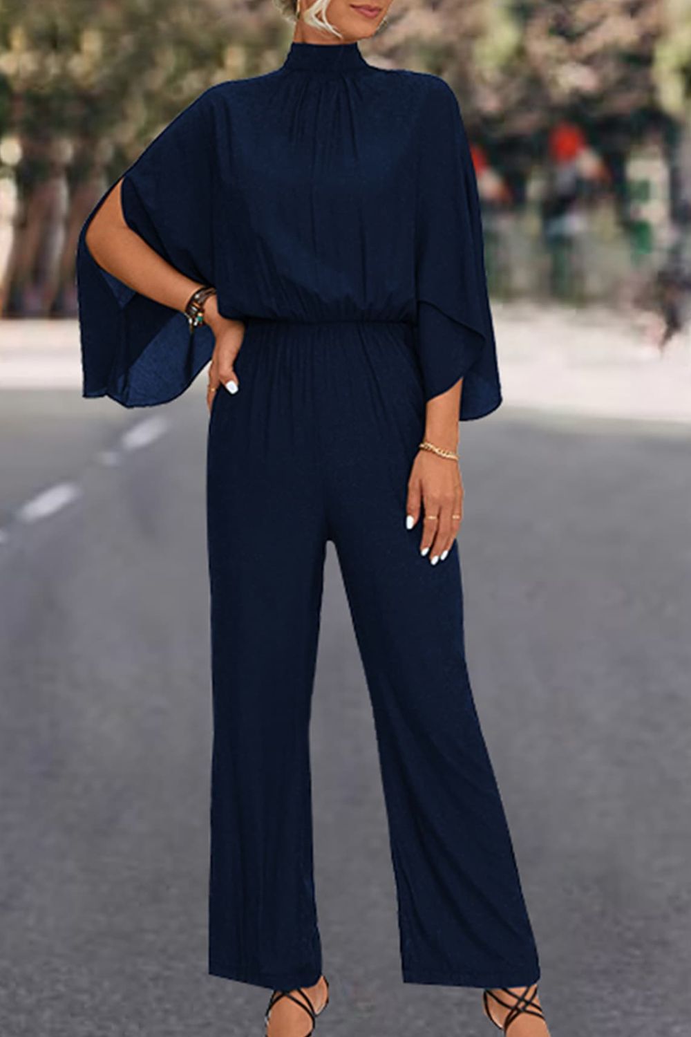 Tie Back Mock Neck Split Sleeve Jumpsuit